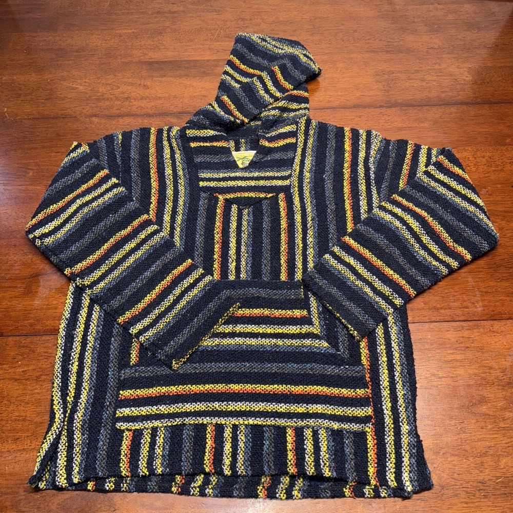 Iguana Jack Hoodie Mens Sz M Blue Drug Rug Skater Surfer Hippie Poncho Pullover